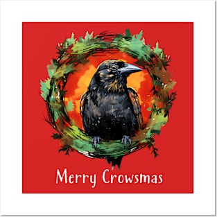 Funny "Merry Crowsmas" Christmas Crow & Wreath Posters and Art